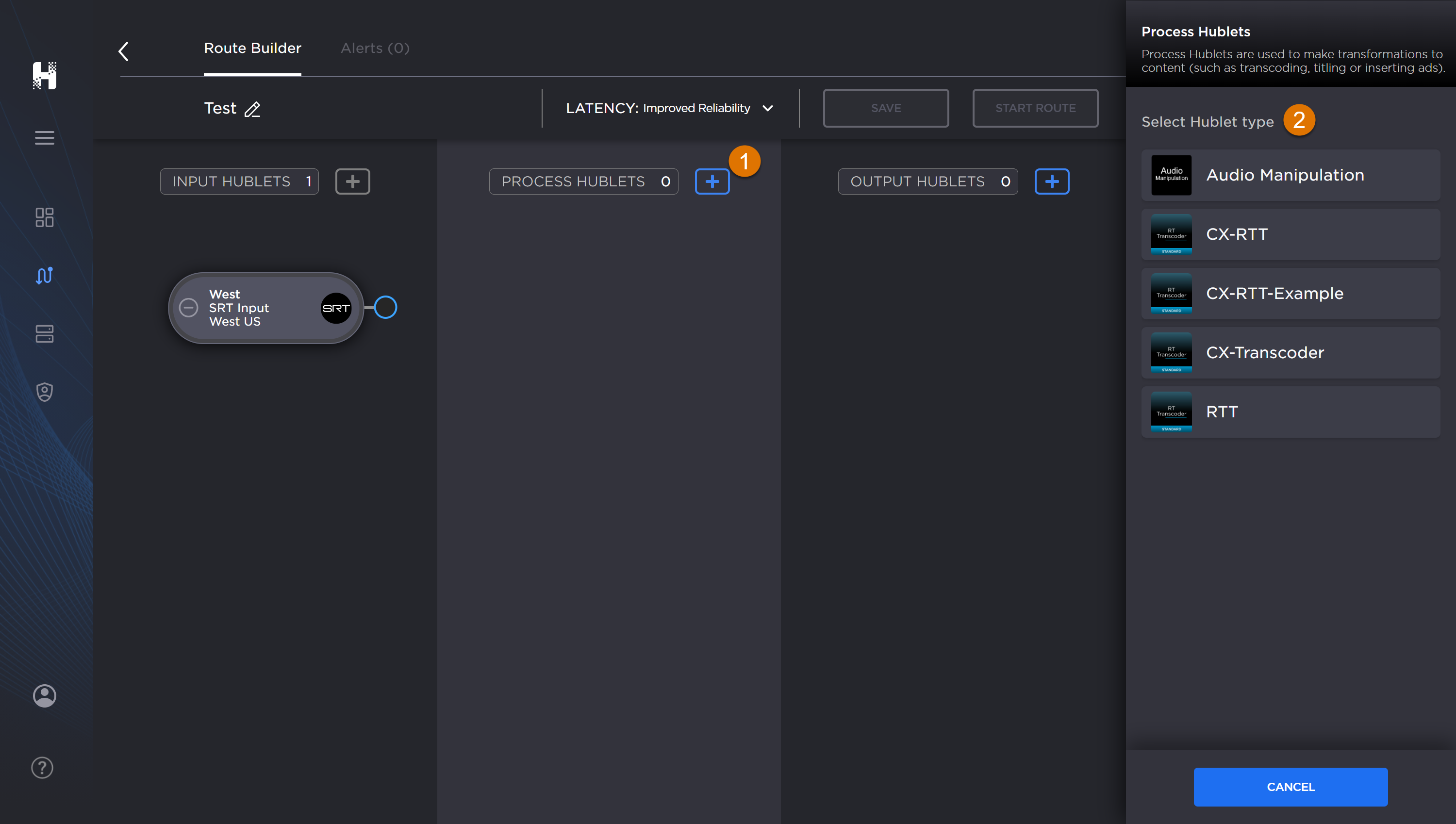 Labeled image of the Route Builder screen with an create Hublet panel open.