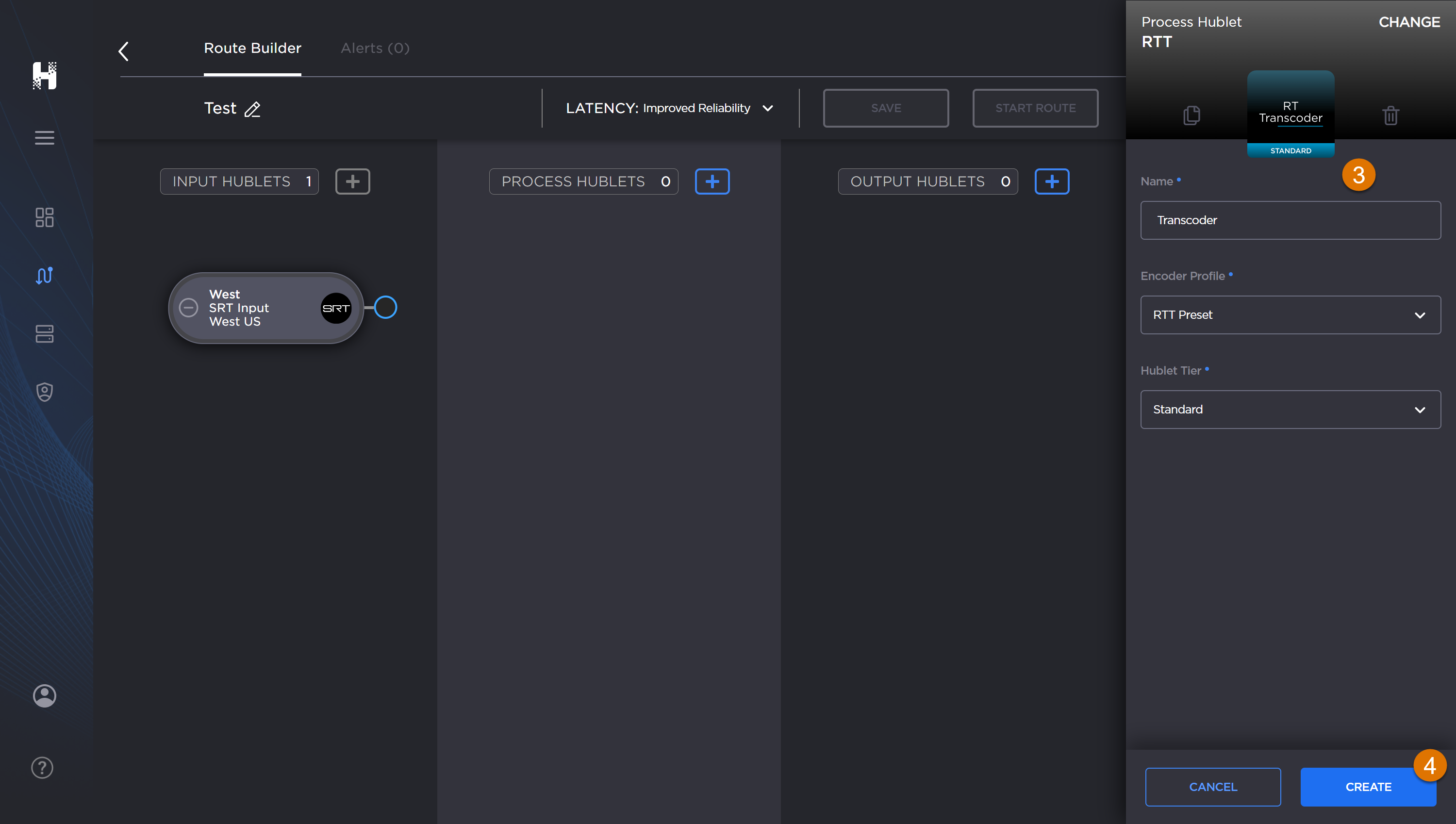 Labeled image of the Route Builder screen with a Hublet edit panel open.