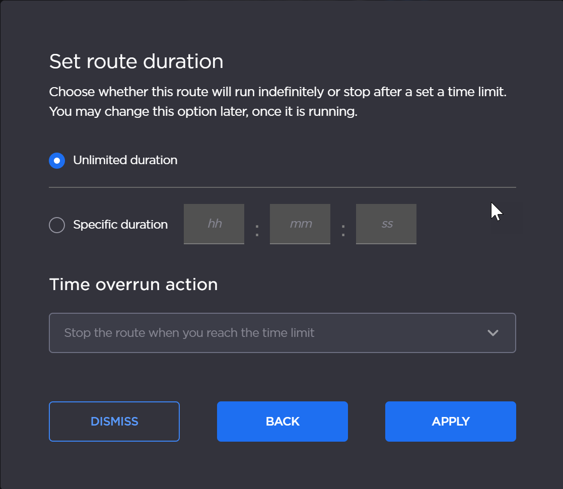 Set route duration panel.