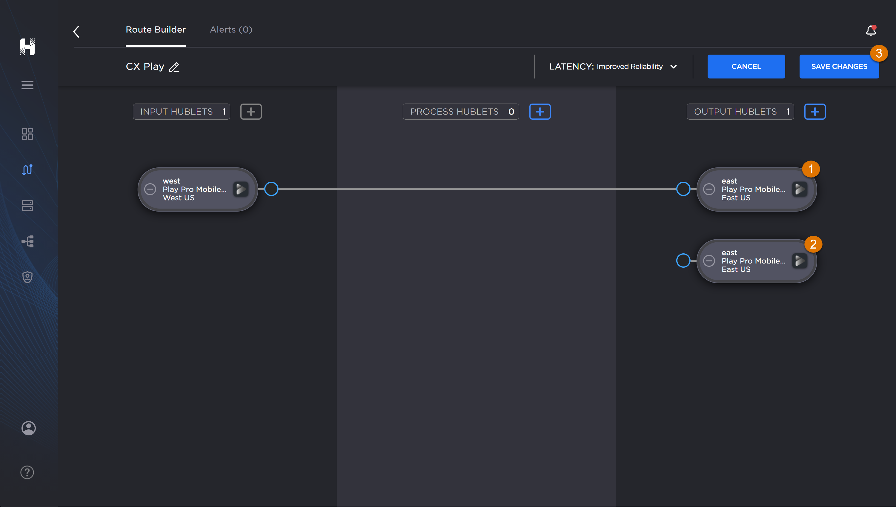 Route Builder Screen, labeled, with two identical Output Hublets.