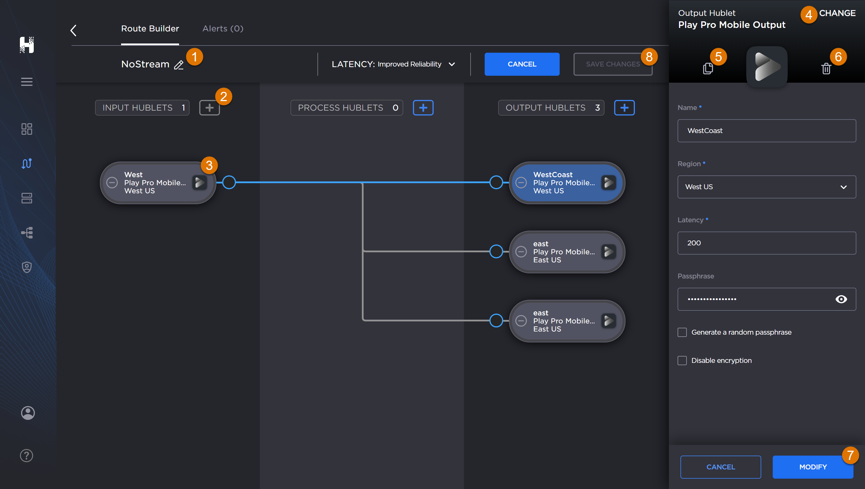 Route Builder screen, labeled, with a Hublet edit panel open.