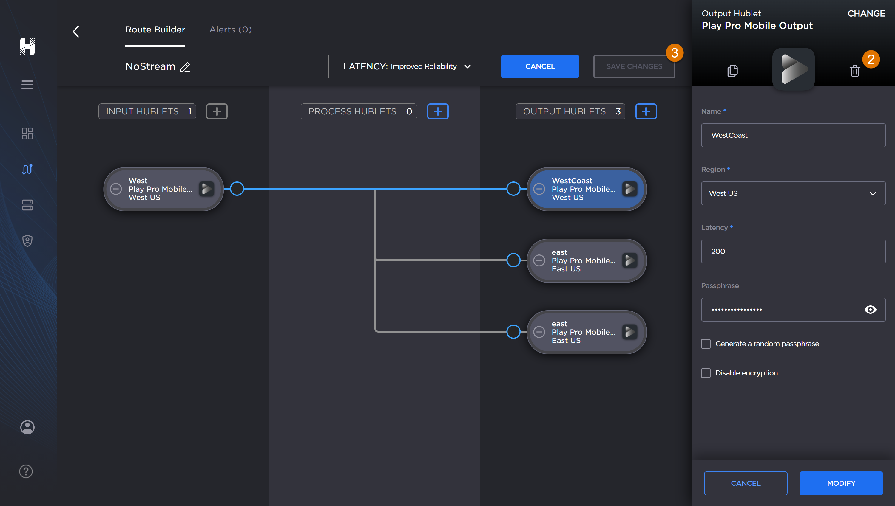 Route Builder Screen, labeled, with a Hublet edit panel open.