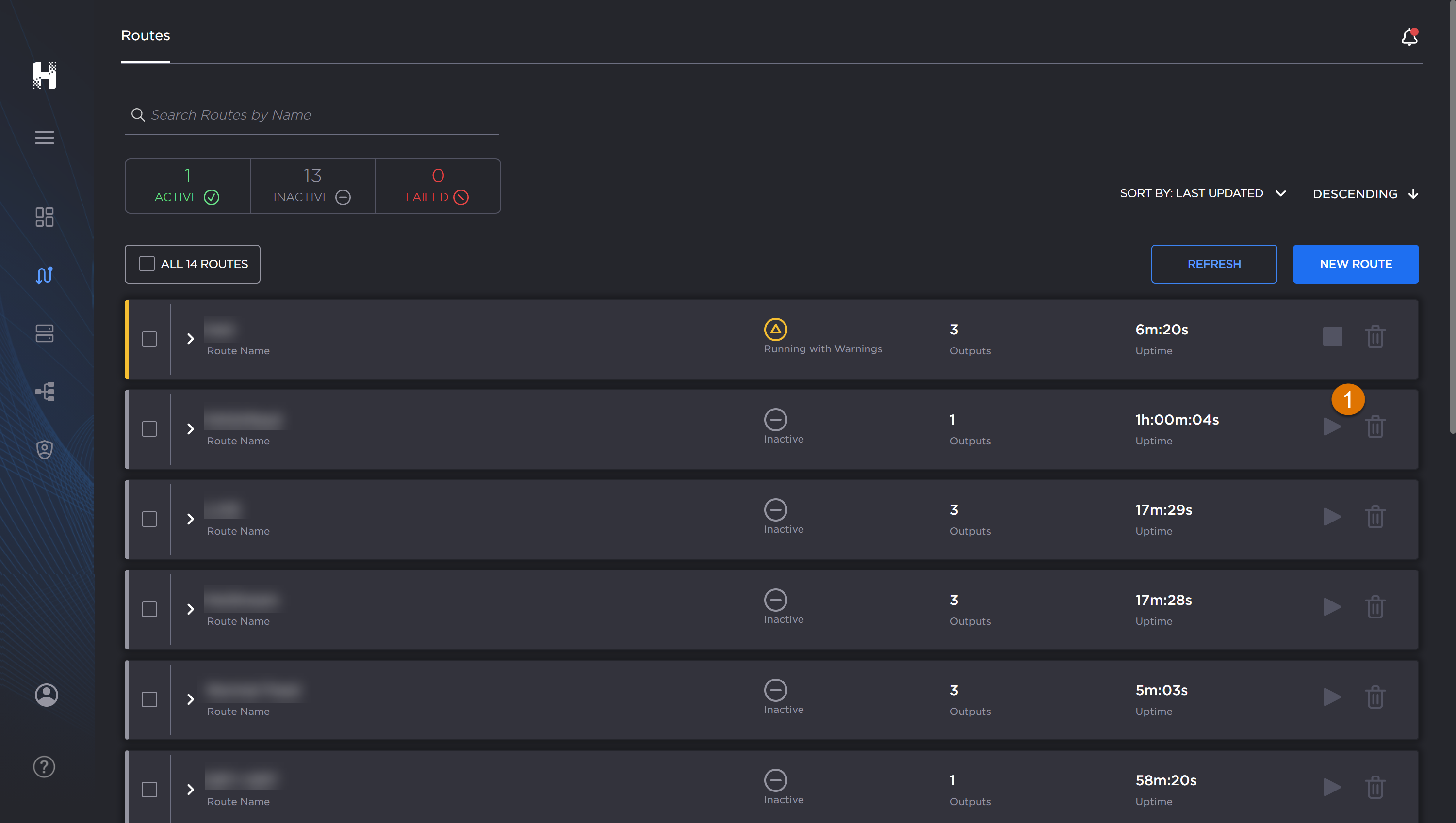 Routes screen, labeled.