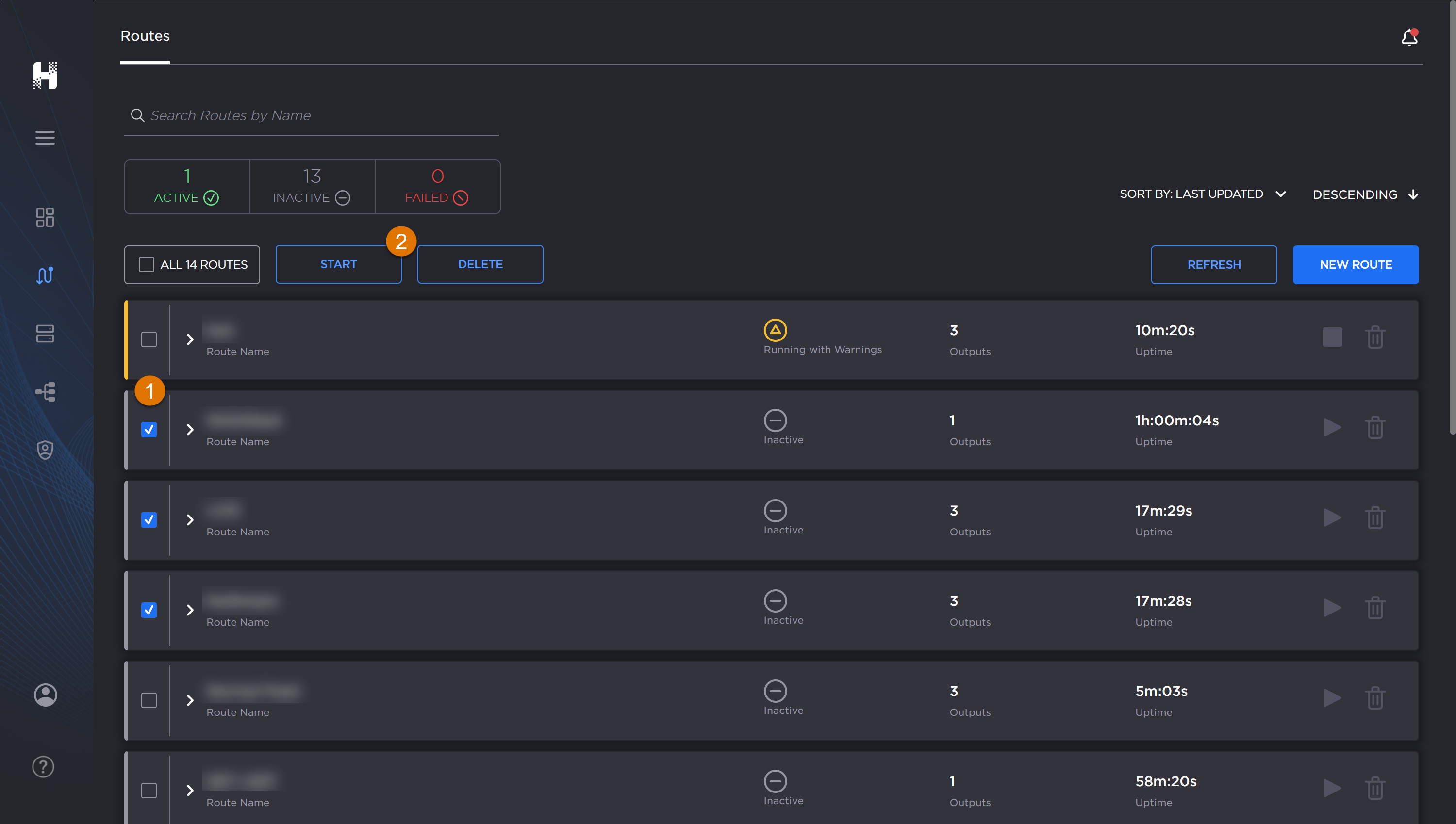 Routes screen, labeled, with three routes selected.