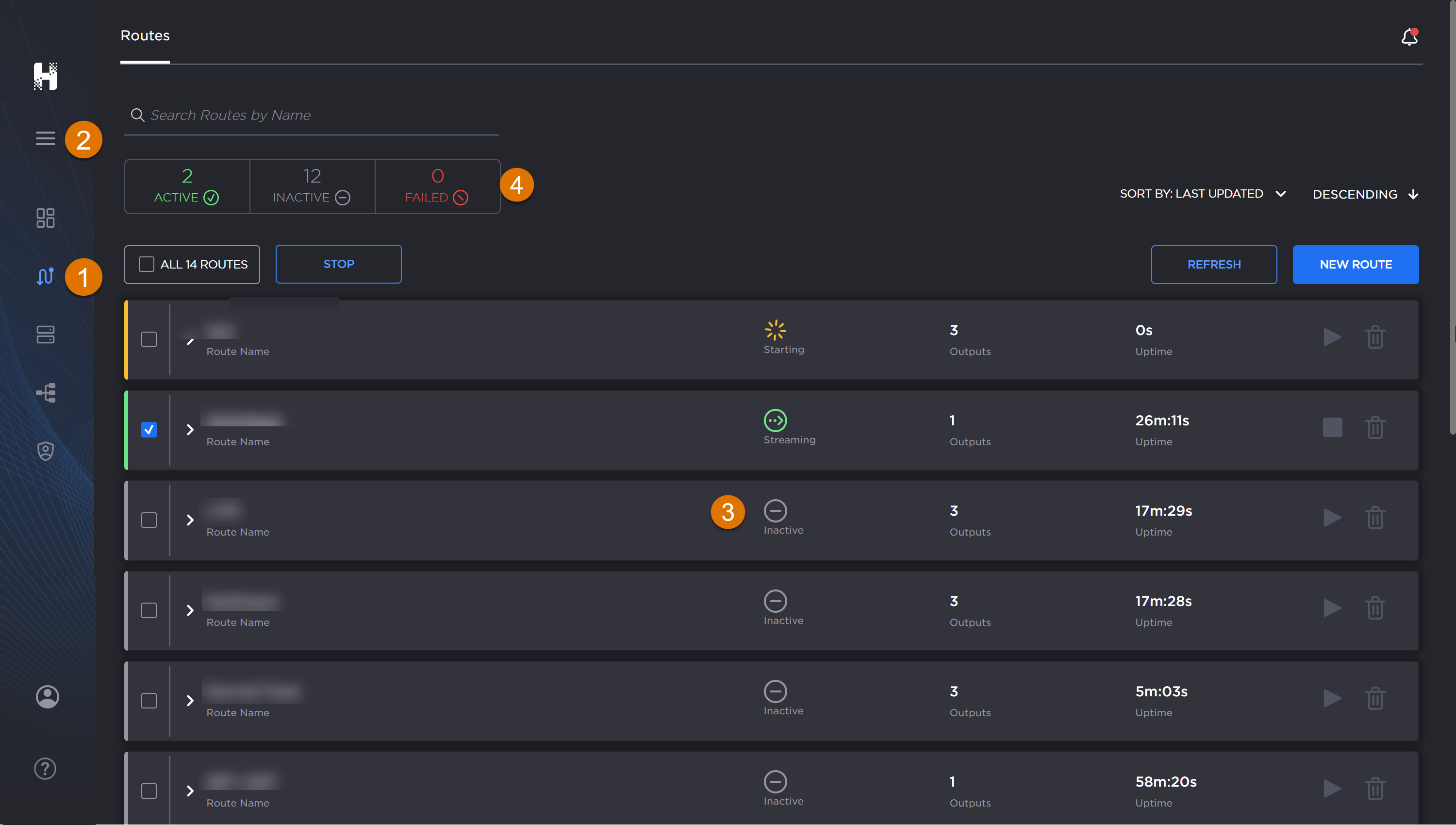 Hub routes screen, labeled.