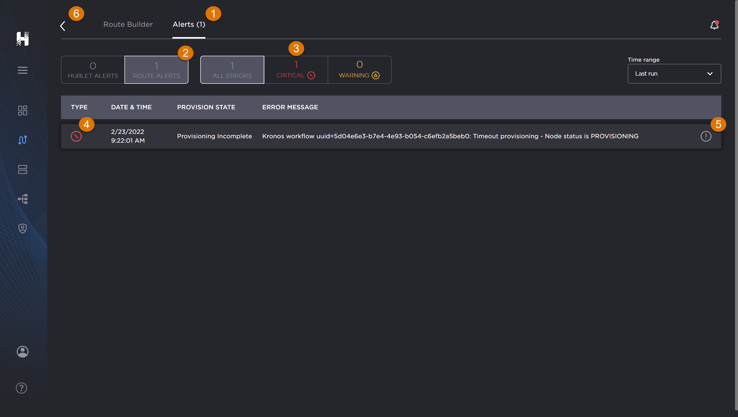 Route alerts screen, labeled.