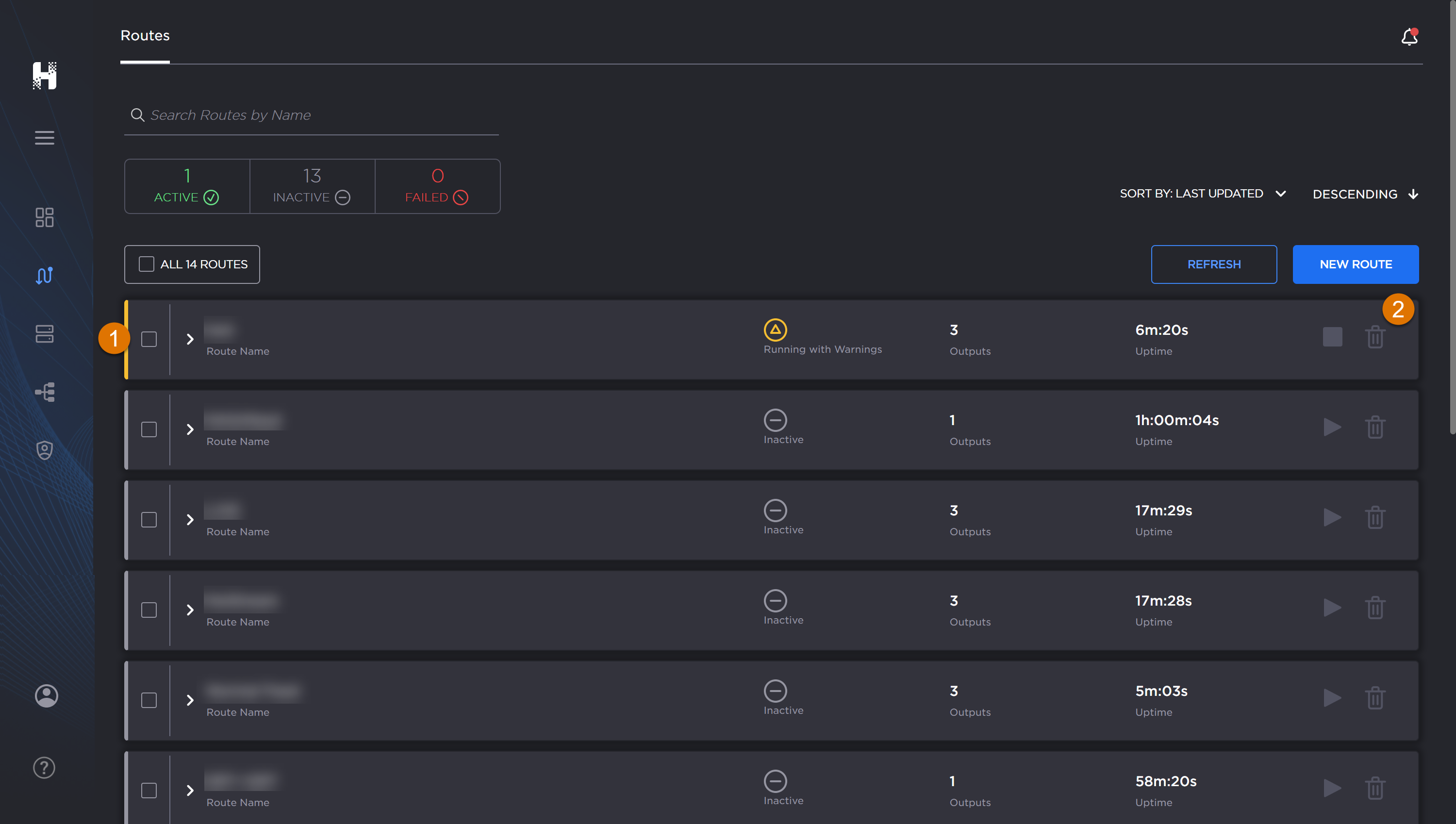 Routes screen, labeled.