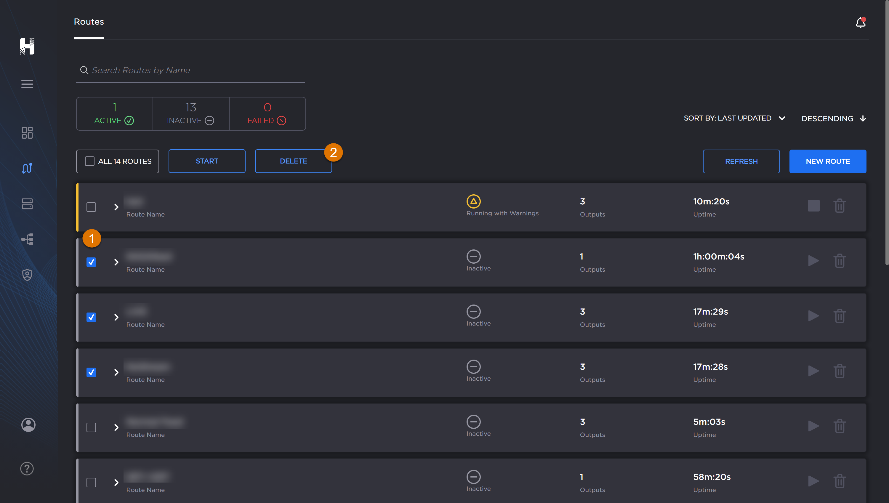Routes screen, labeled, with three routes selected.