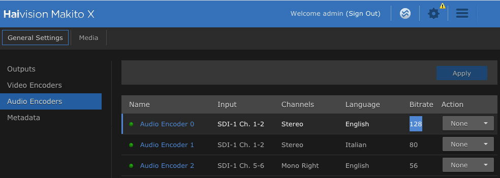 Haivision Makito X Audio Encoders stream.