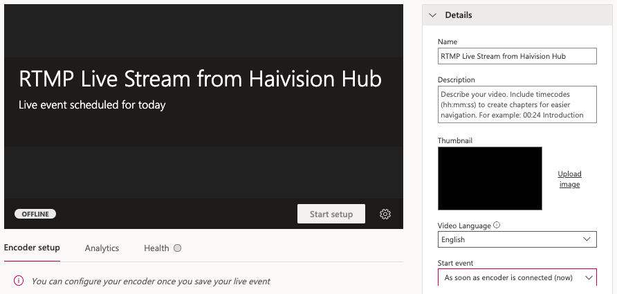 Microsoft Stream Live Event detail entry screen.