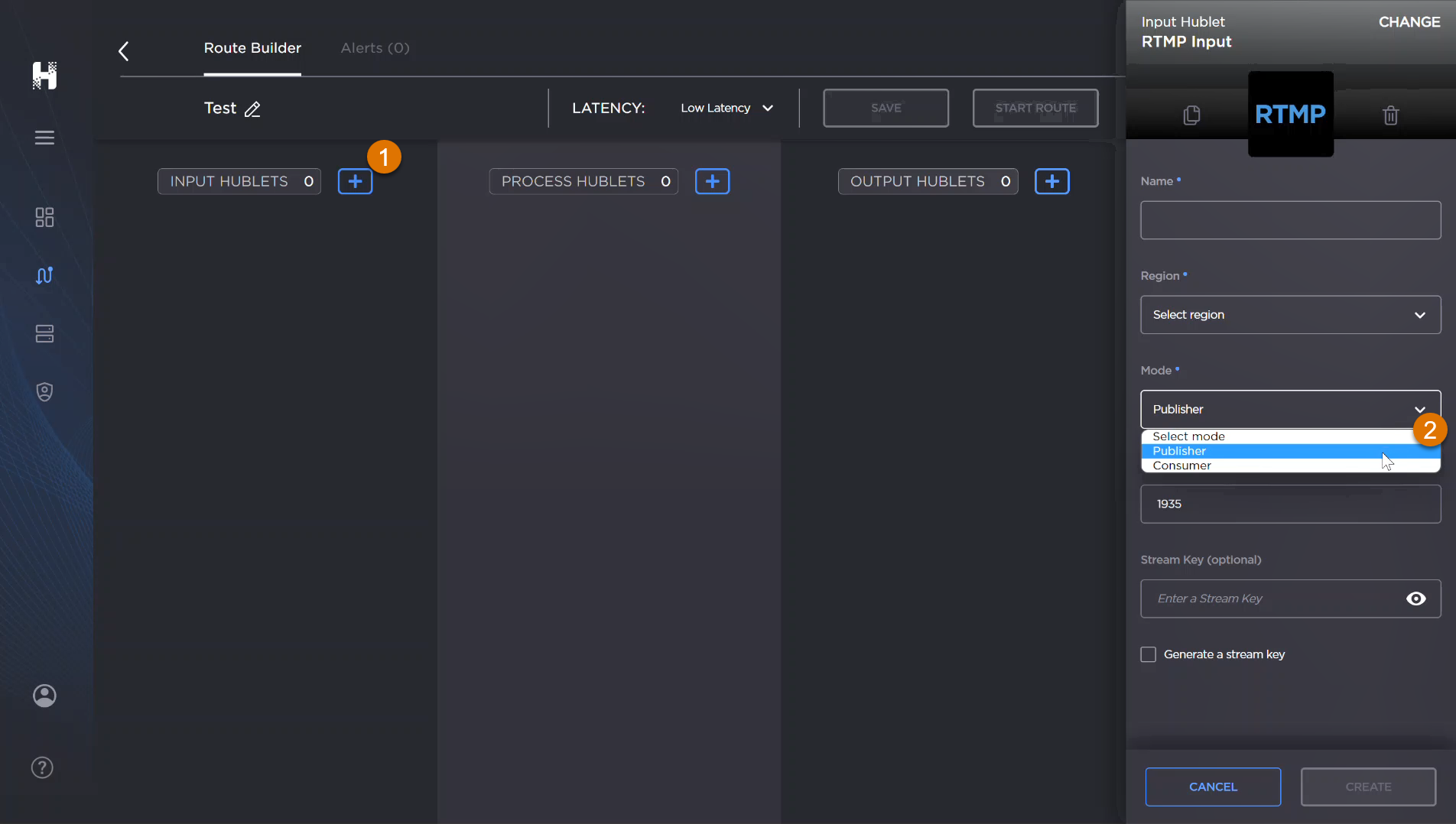 Route Builder Screen, labeled, with a Hublet panel open. The cursor is hovering over the Publisher option in the Mode dropdown menu.