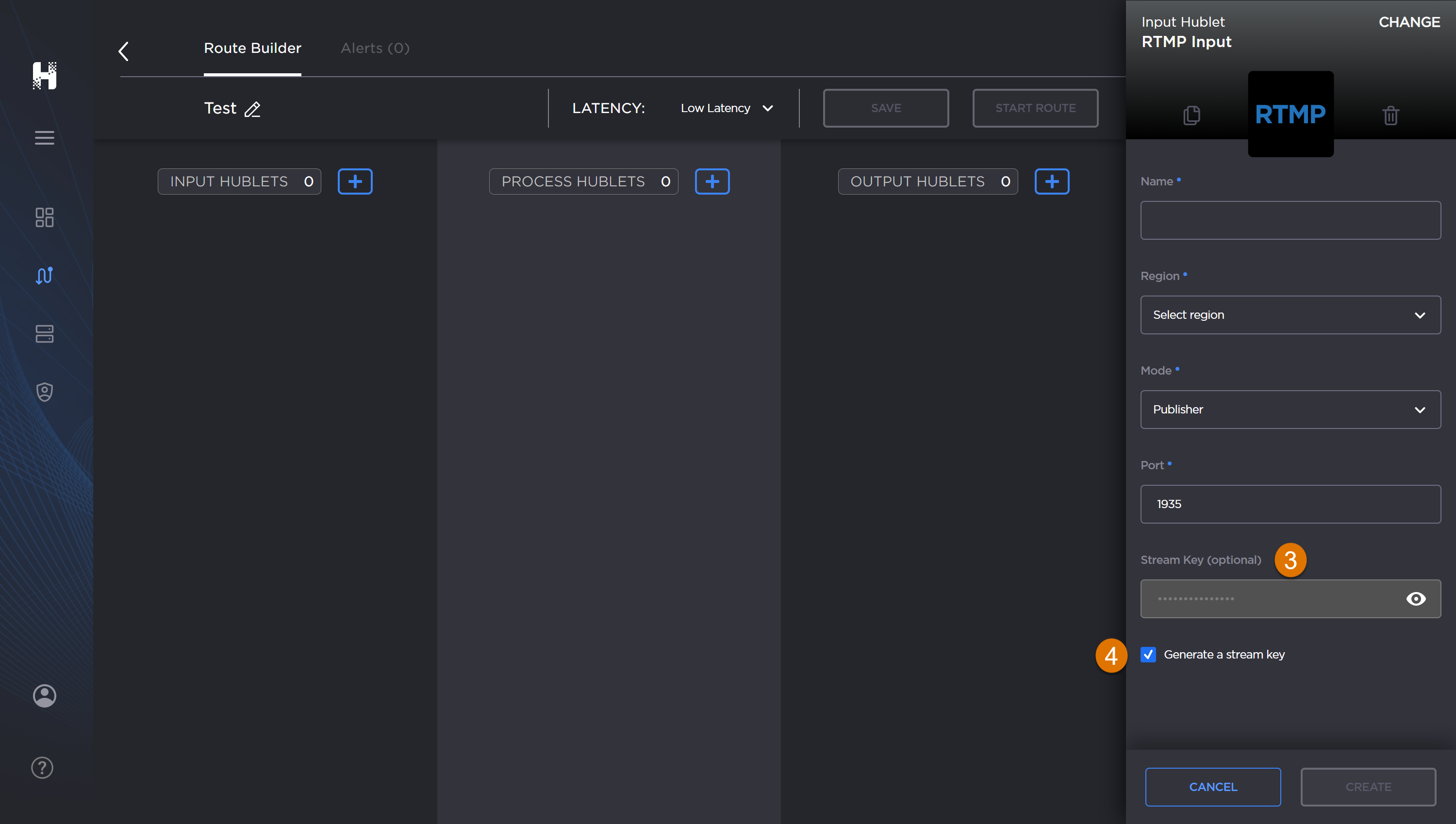 Route Builder Screen, labeled, with a Hublet edit panel open.