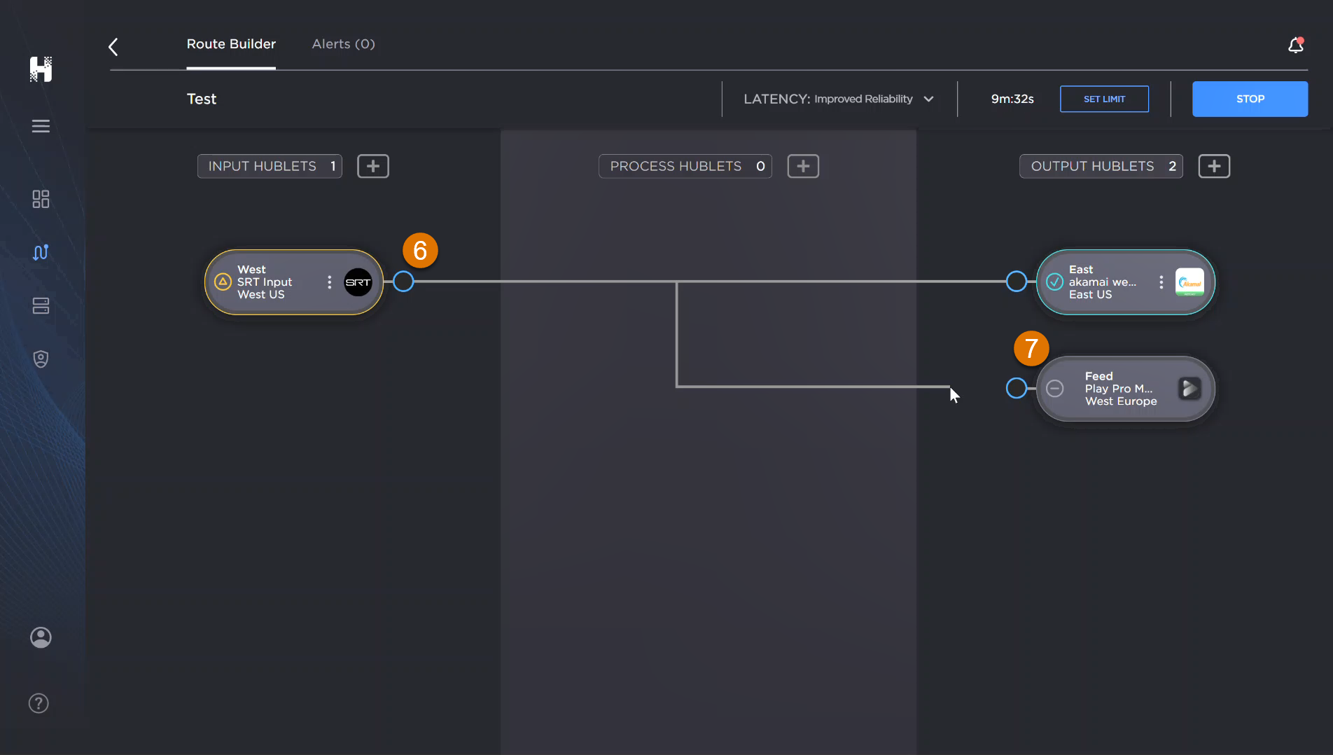 A labeled image of the Route Builder screen. The cursor is connecting an Input Hublet endpoint to an Output Hublet endpoint.