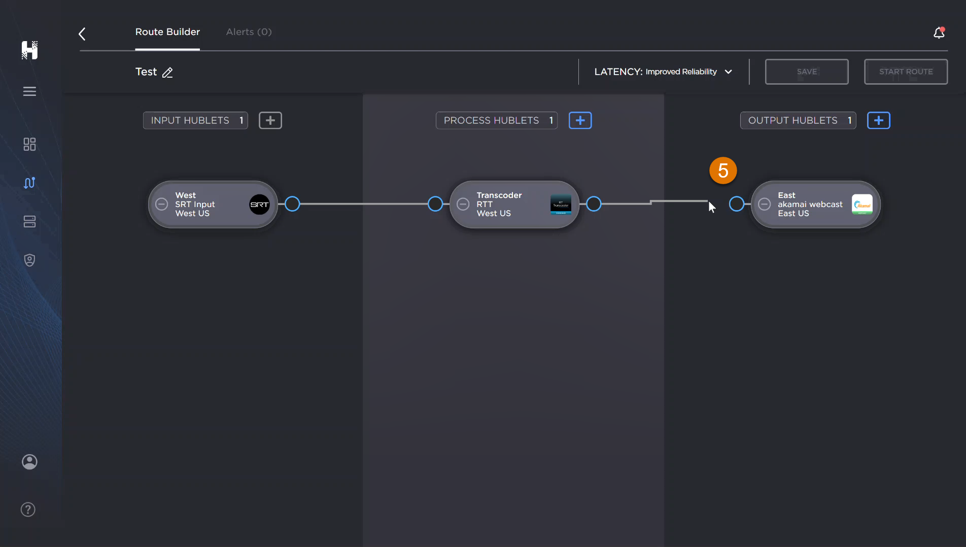 A labeled image of the Route Builder screen. The cursor is connecting a Process Hublet endpoint to an Output Hublet endpoint.