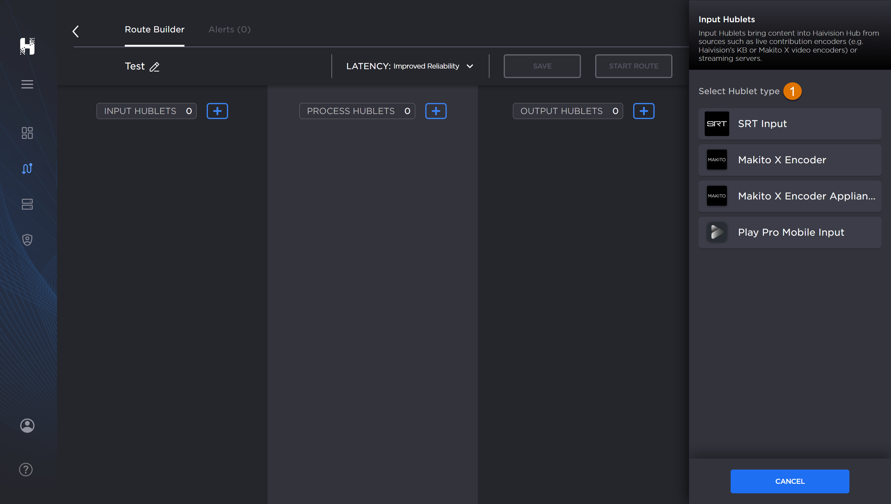 Route Builder screen with an create Hublet panel open.