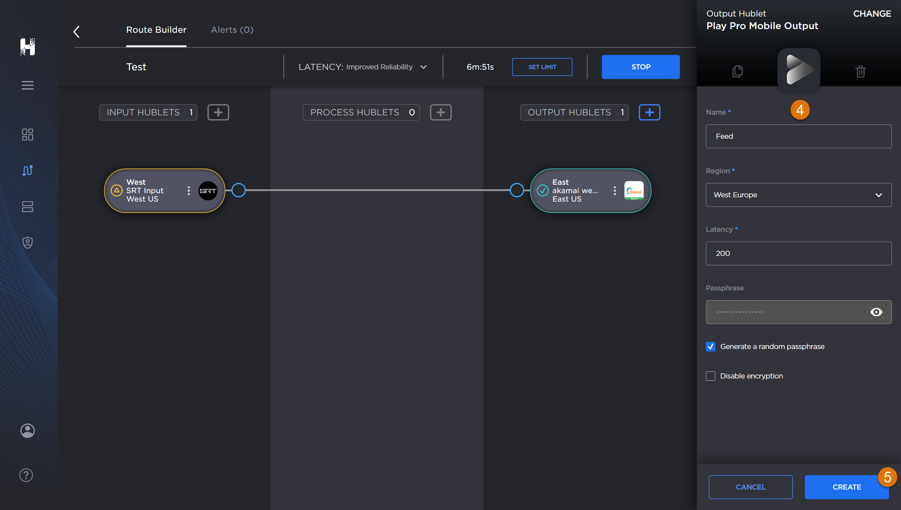 Labeled image of the Route Builder screen with a Hublet edit panel open.