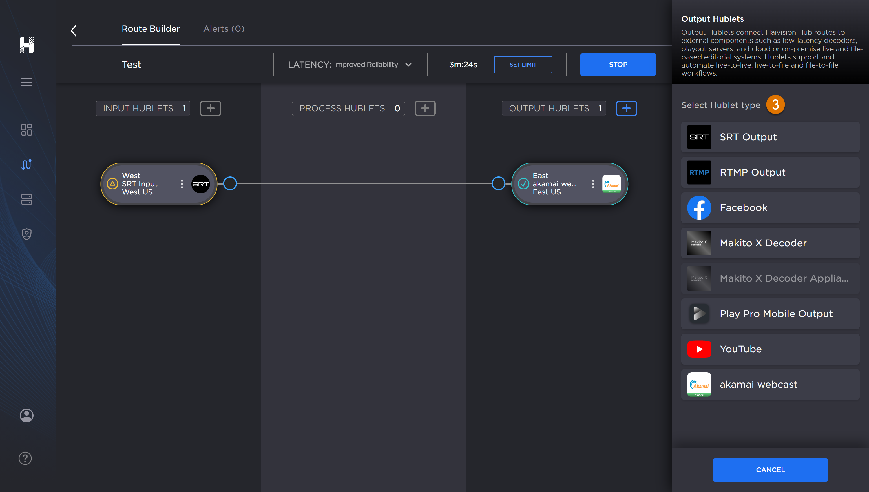 Labeled image of the Route Builder screen with an create Hublet panel open.