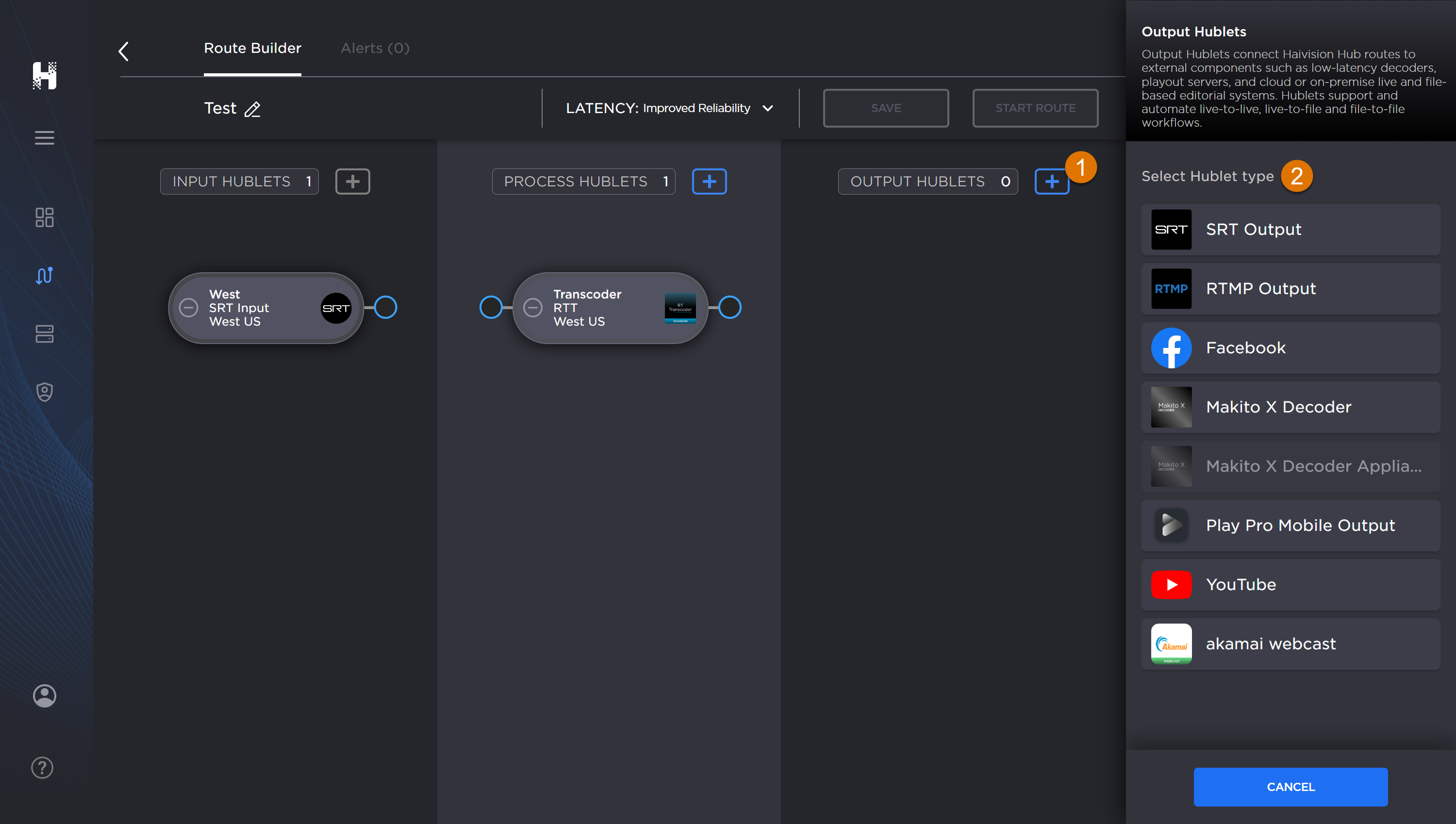 Labeled image of the Route Builder screen with an create Hublet panel open.