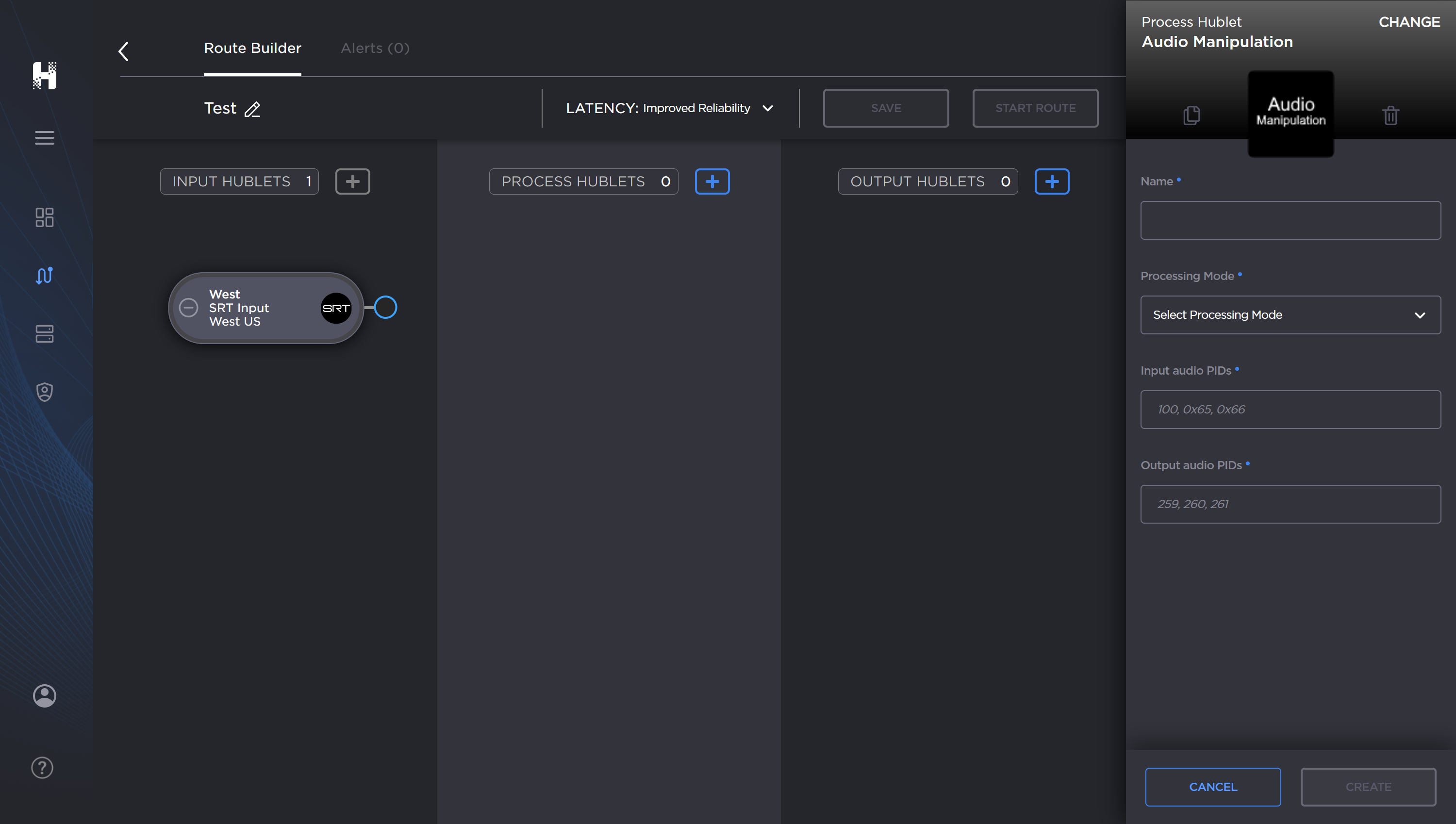 Labeled image of the Route Builder screen with a Hublet edit panel open.