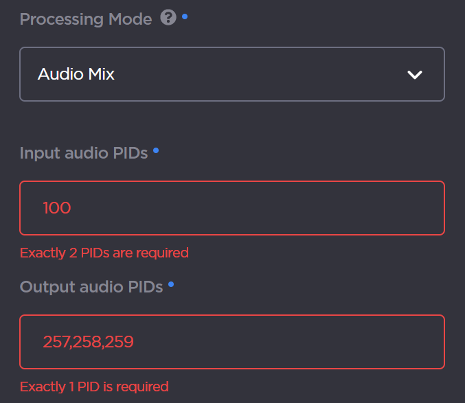 Audio Mix mode detail entry.