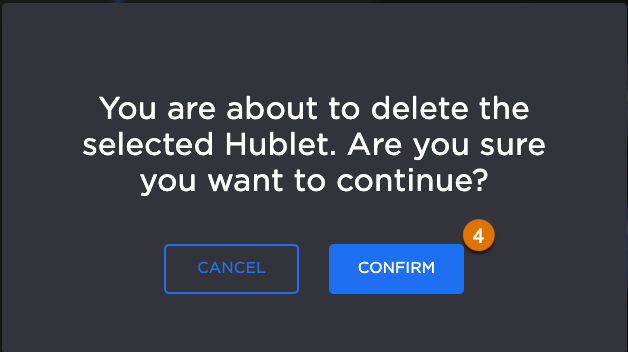 Labeled image of a pop-up message to confirm Hublet deletion.