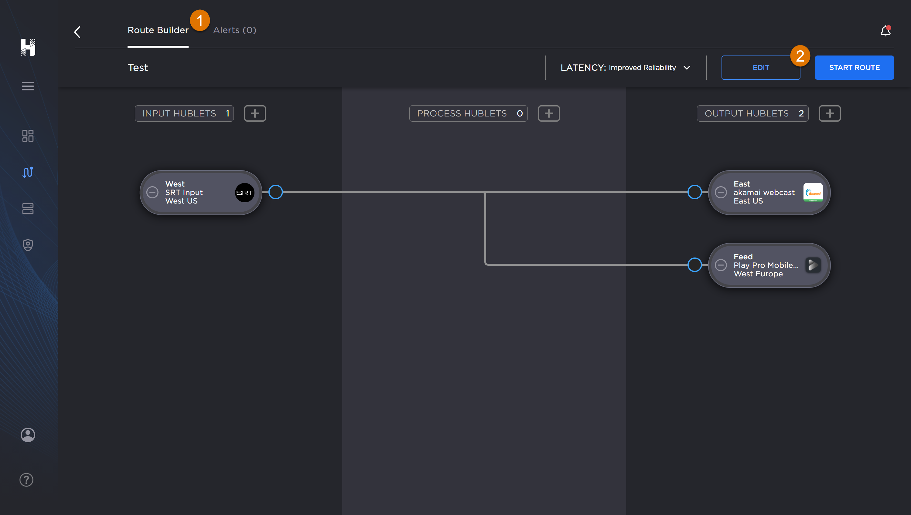 Labeled image of the Route Builder screen.