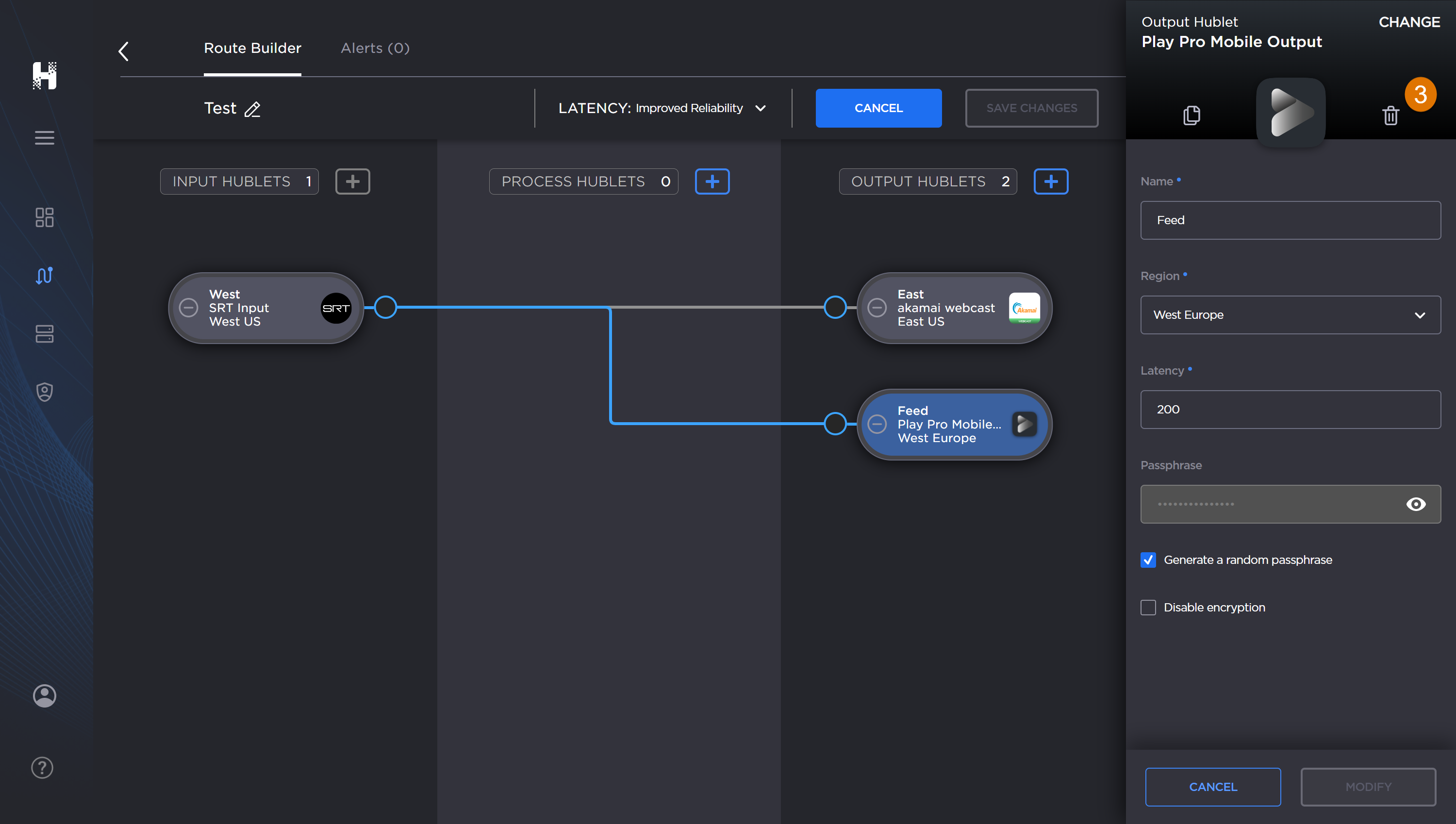 Labeled image of the Route Builder screen with a Hublet edit panel open.