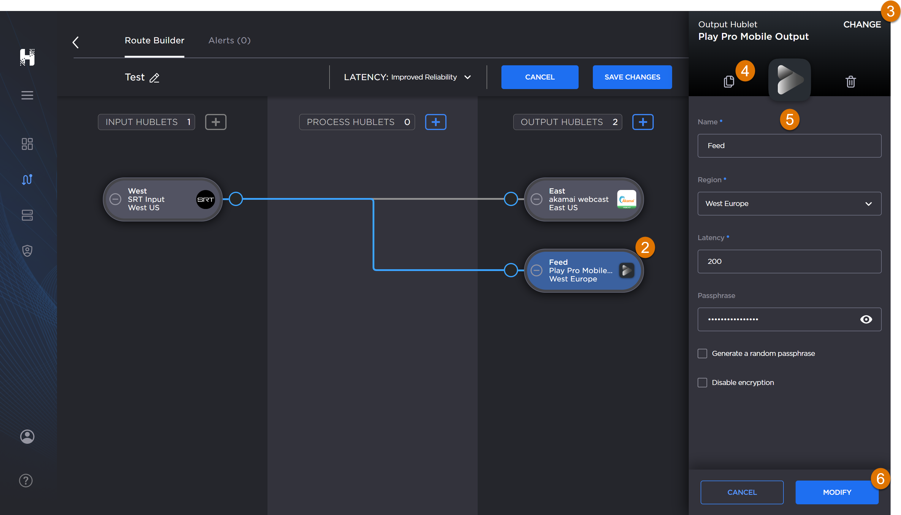 Labeled image of the Route Builder screen with a Hublet edit panel open.