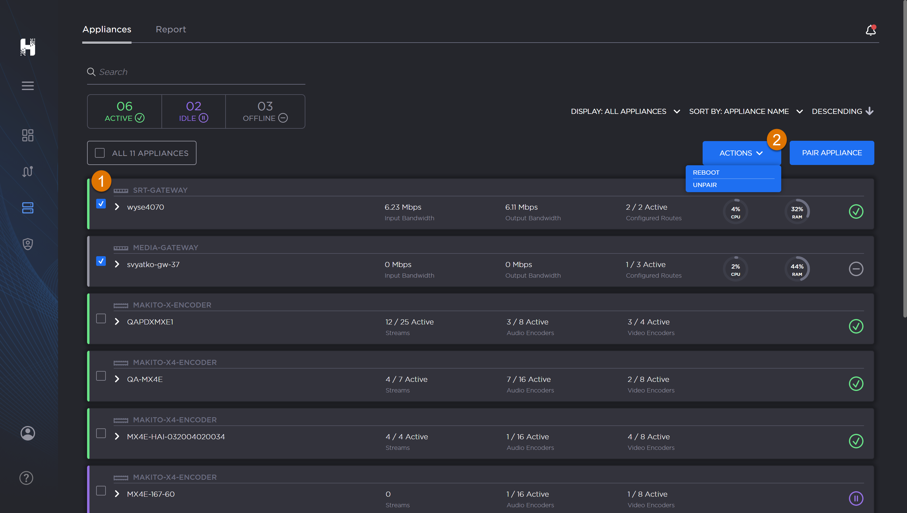Labeled image of the Appliances screen.