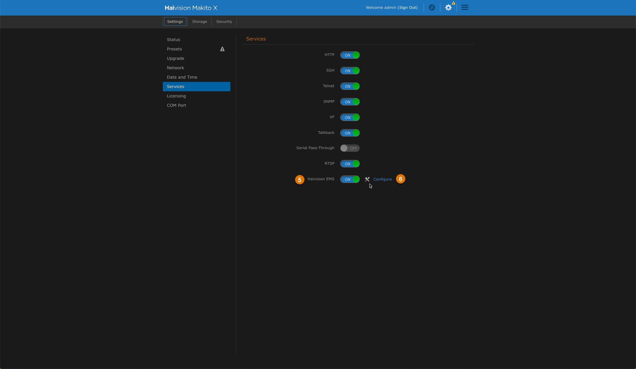 Labeled image of the Haivision Makito X Services page.