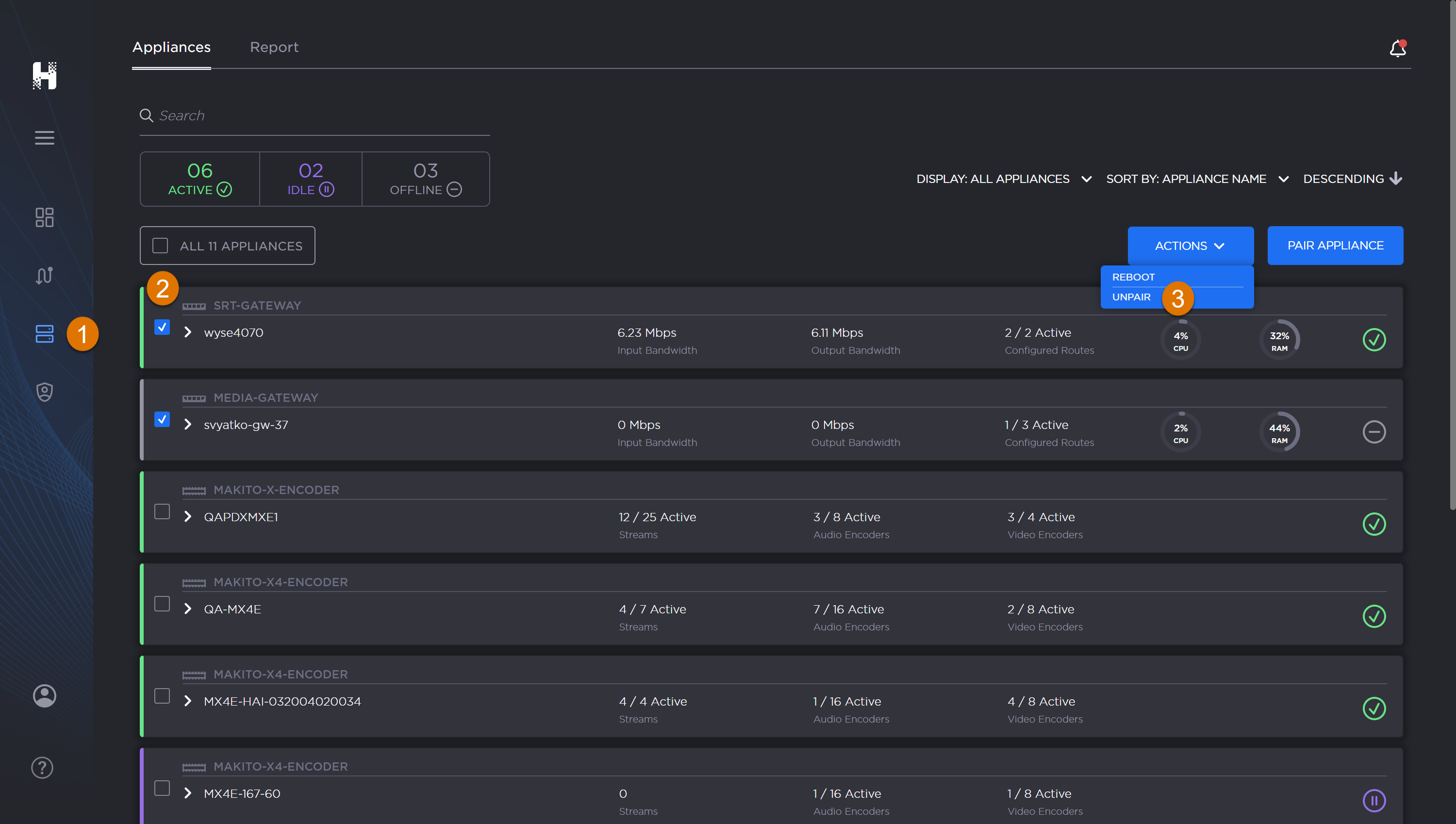 Labeled image of the Appliances screen.