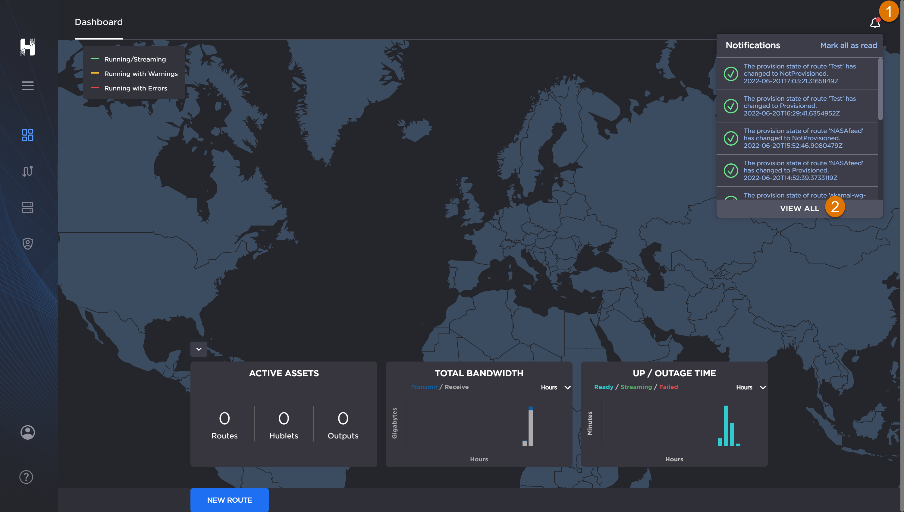 Labeled image of the Control Center dashboard with the notifications panel open.