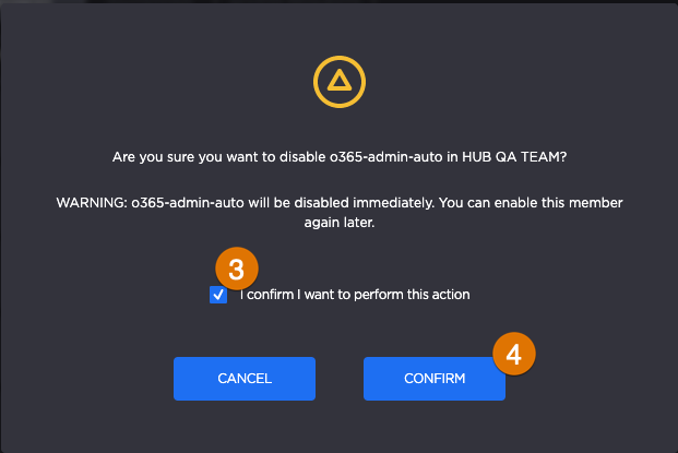 Labeled image of a pop-up message to confirm disabling a member.