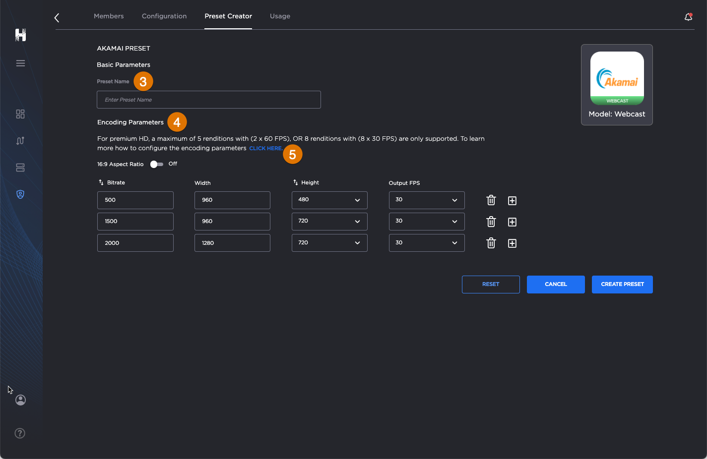 Labeled image of Akamai Hublet presets