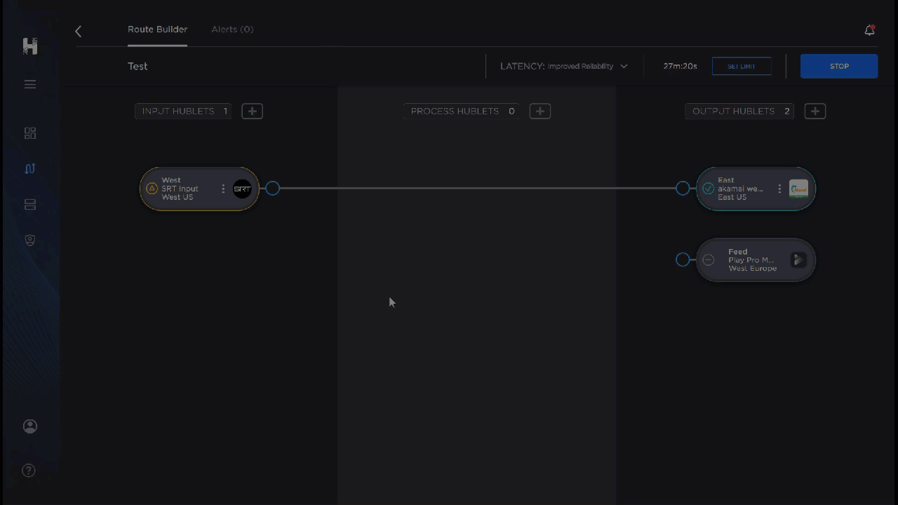 Gif of the Route Builder screen. Cursor clicks and drags to connect two Hublets, then clicks confirm in the pop-up message.