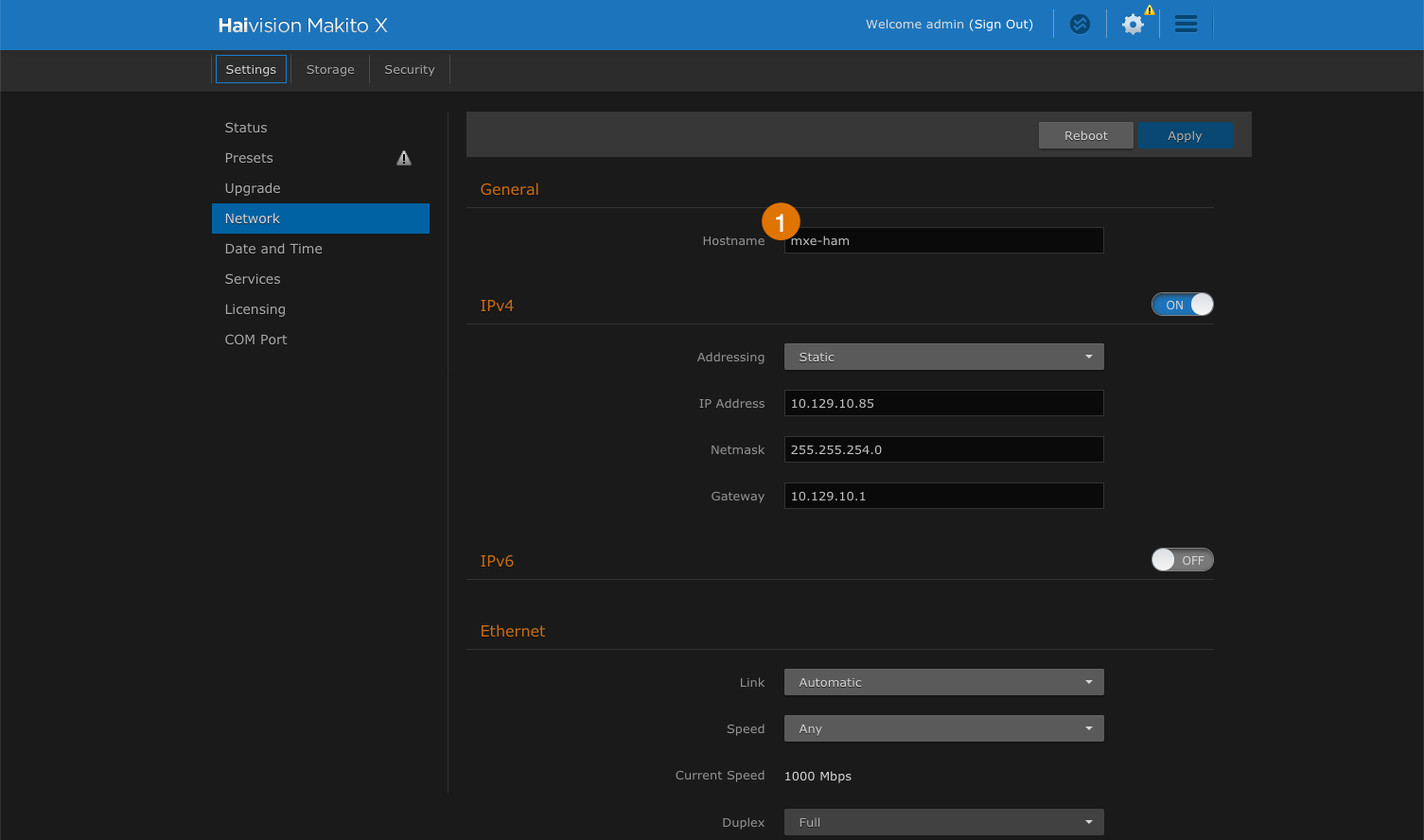 Labeled image of the Haivision Makito X Network tab.