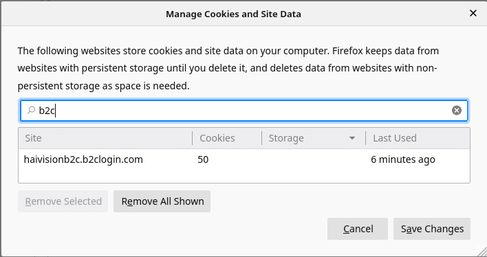 Firefox cookie manager window.
