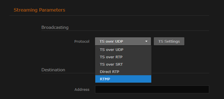 Broadcasting Protocol (RTMP selected)