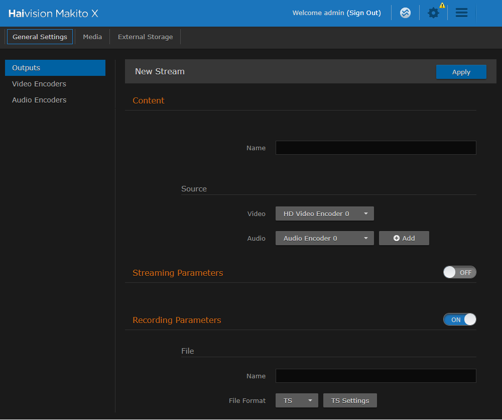 Outputs Detail View (Recording Parameters On)