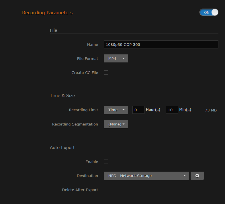 Outputs Detail View (Recording Time and Size)