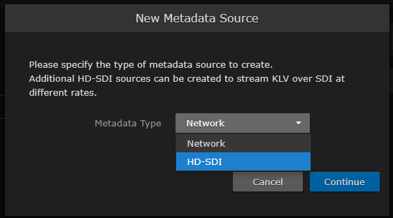 New Metadata Source Dialog (selecting HD-SDI)