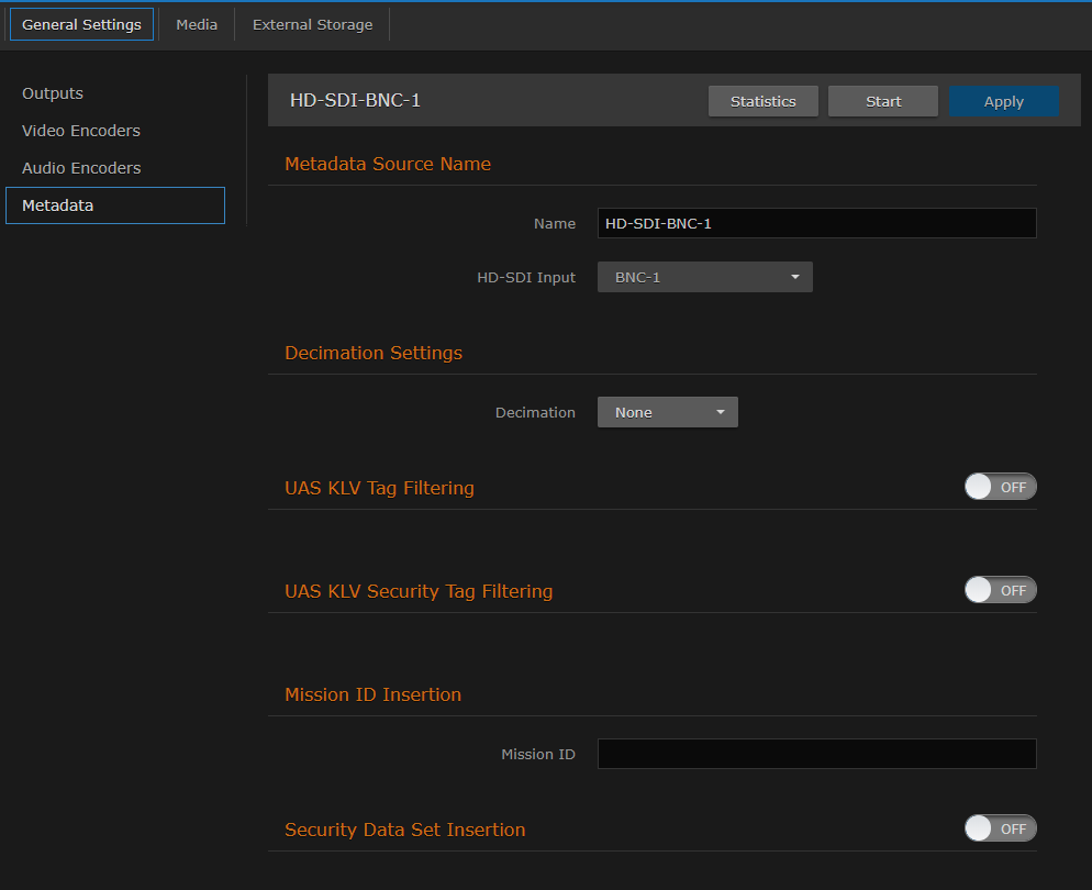 HD-SDI Metadata Source Page