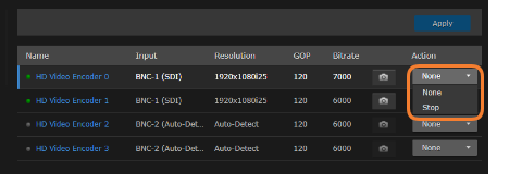 Video Encoders Actions drop-down