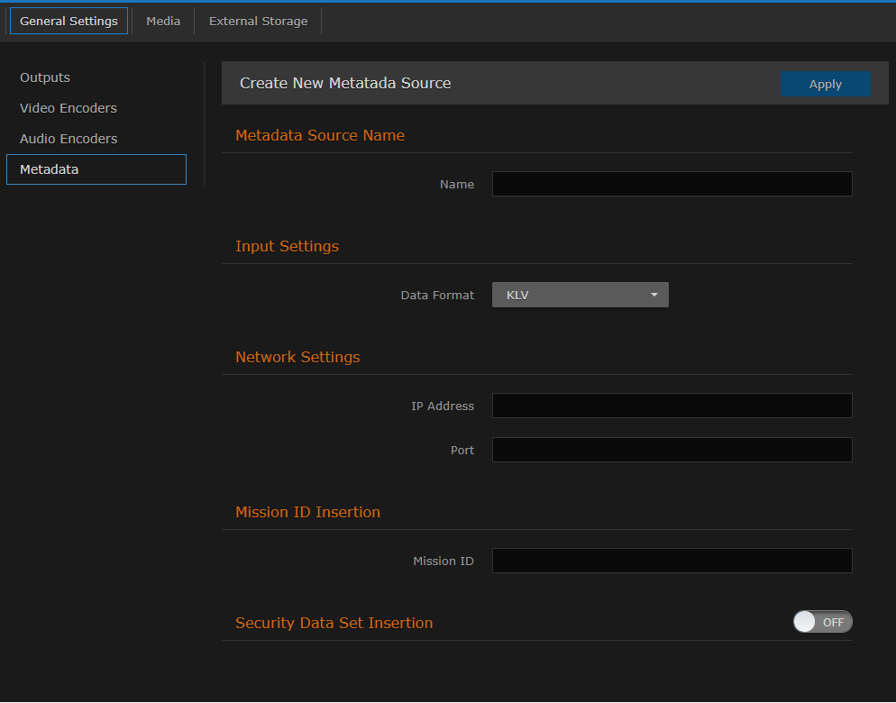 Create New Metadata Source Page