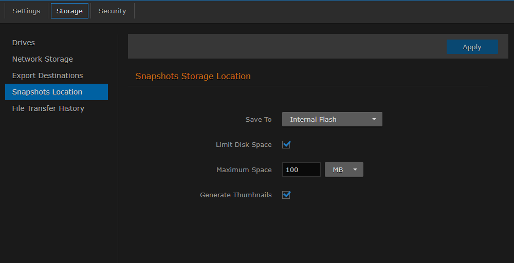 Snapshot Storage Location Page