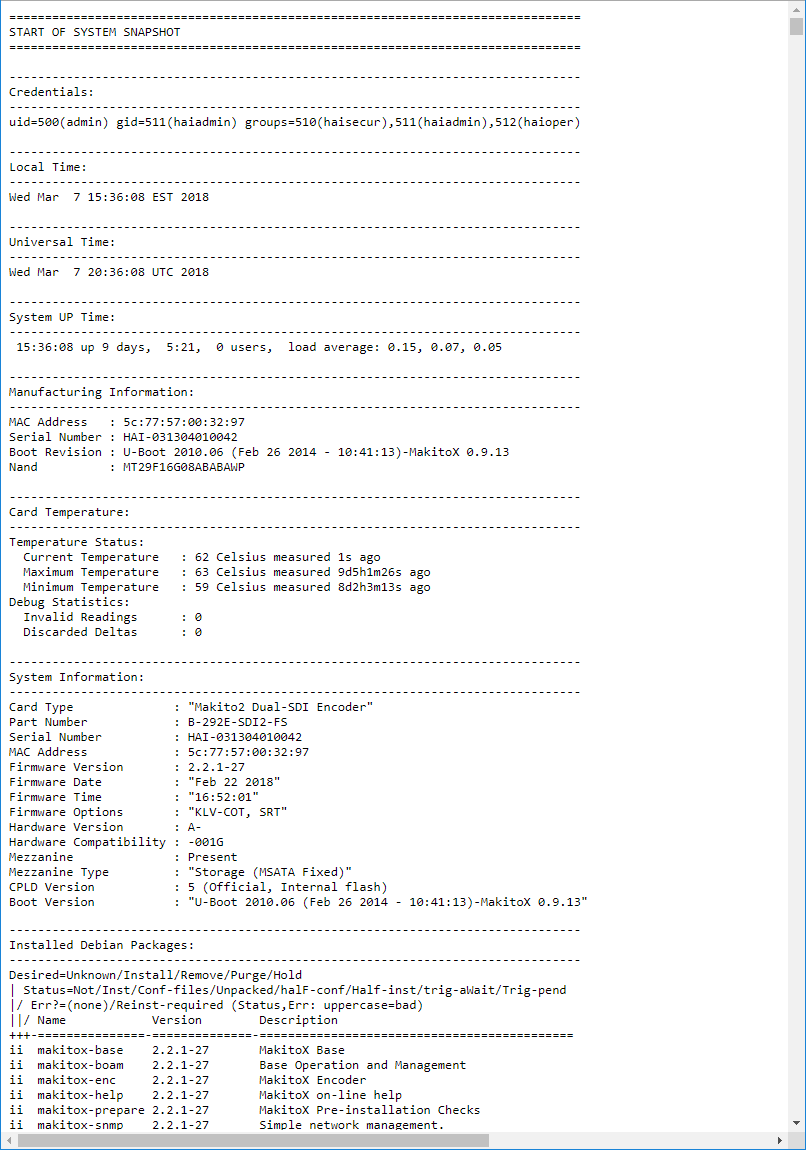 Sample System Information Snapshot