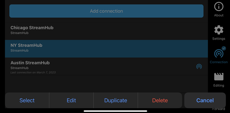 Connection Select, Edit, Duplicate, and Delete Actions