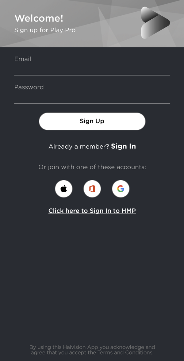 Sign Up Screen with HMP Sign In Link