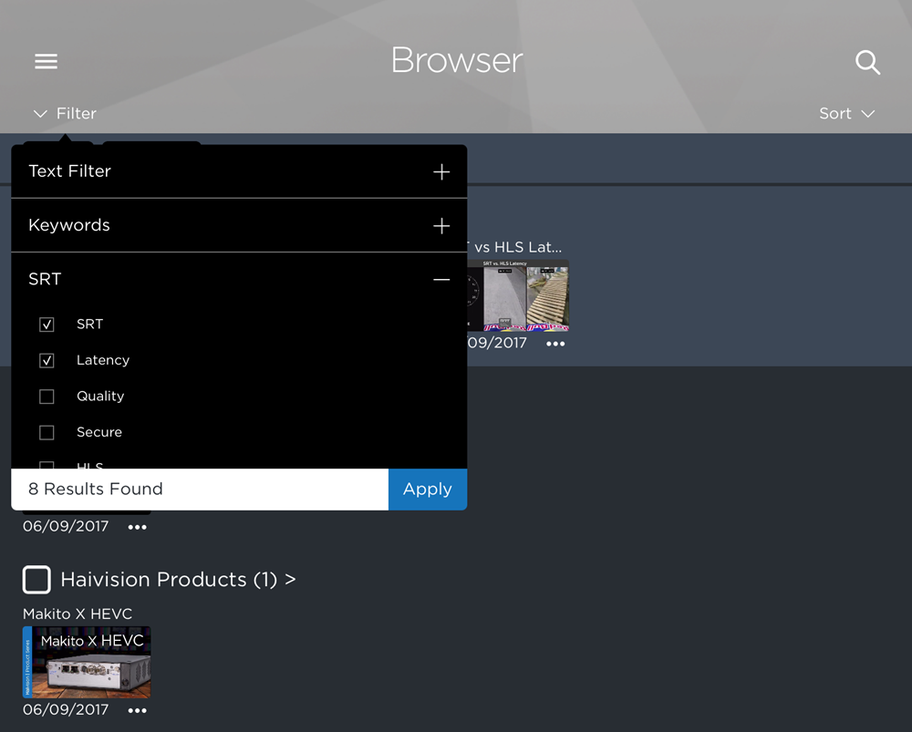 Filter Drop-down with SRT and Latency Selected