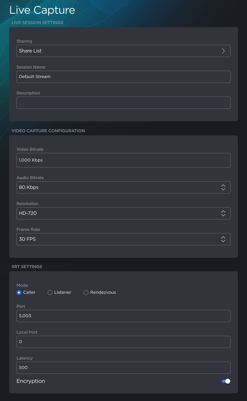 Live Capture Settings Screen